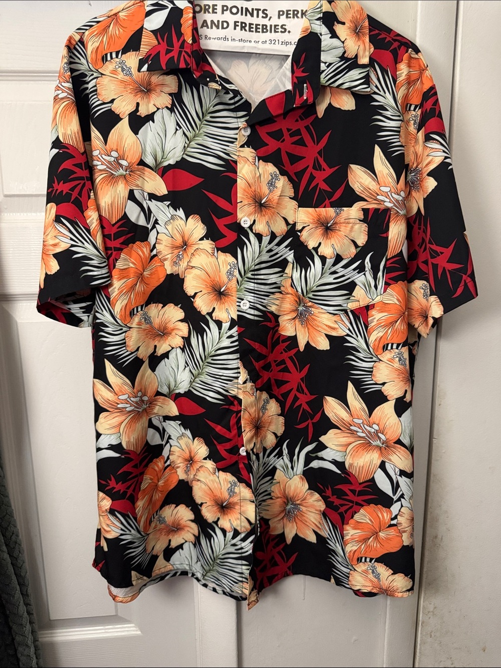 SHEIN Black Short-Sleeve Hawaiian Shirt with Orange Floral Print
